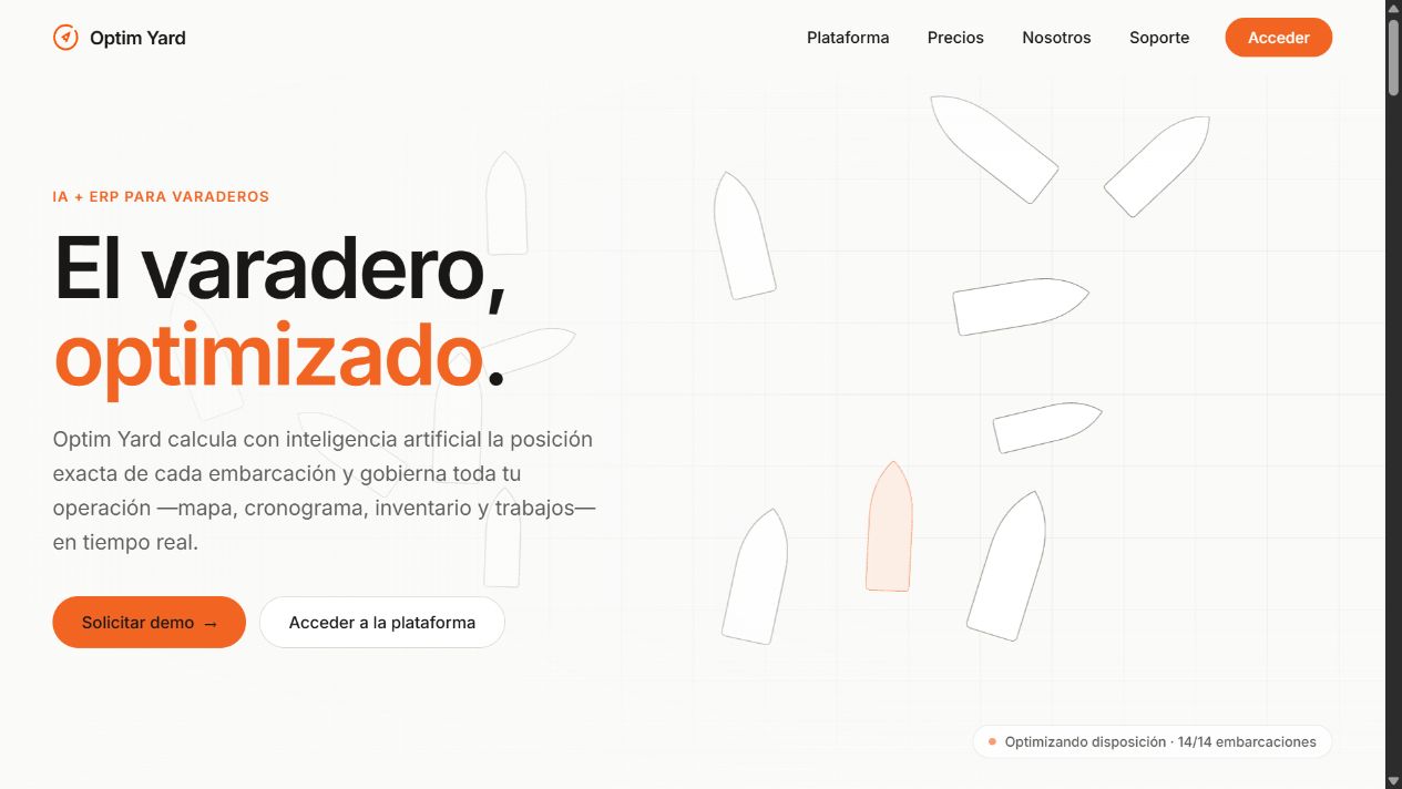 Web de Optim Yard con su plataforma de planificación de varaderos